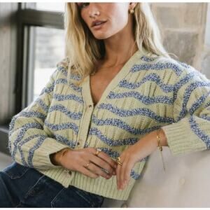Bohme green blue wavy stripe chunky cardigan sweater